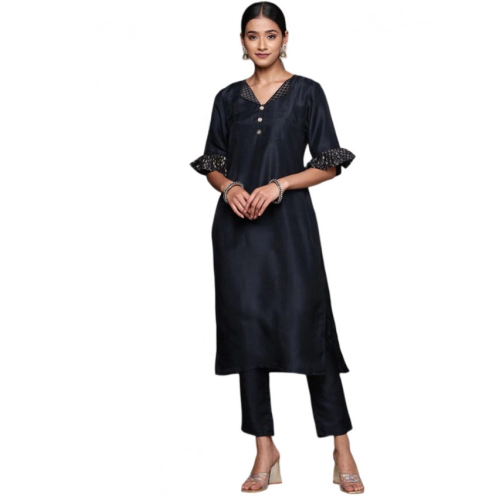 Generic Women's Casual Half Sleeve Solid Chinon Kurti and Pant Set (Navy Blue) - Noble Nook