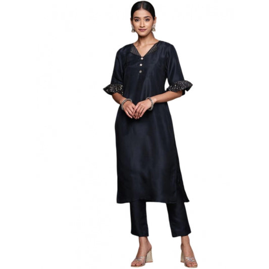 Generic Women's Casual Half Sleeve Solid Chinon Kurti and Pant Set (Navy Blue) - Noble Nook