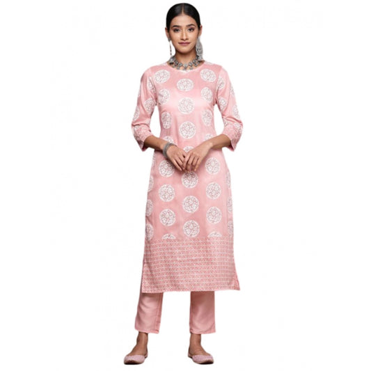 Generic Women's Casual 3-4Th Sleeve Floral Printed Chinon Kurti and Pant Set (Peach) - Noble Nook