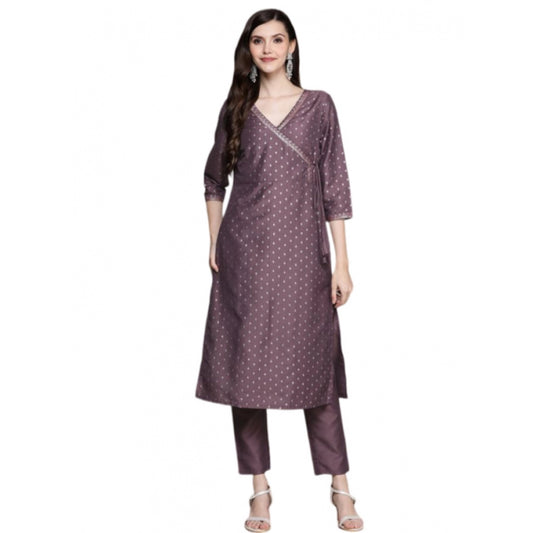 Generic Women's Casual 3-4Th Sleeve Small Butti Chinon Kurti And Pant Set (Purple) - Noble Nook