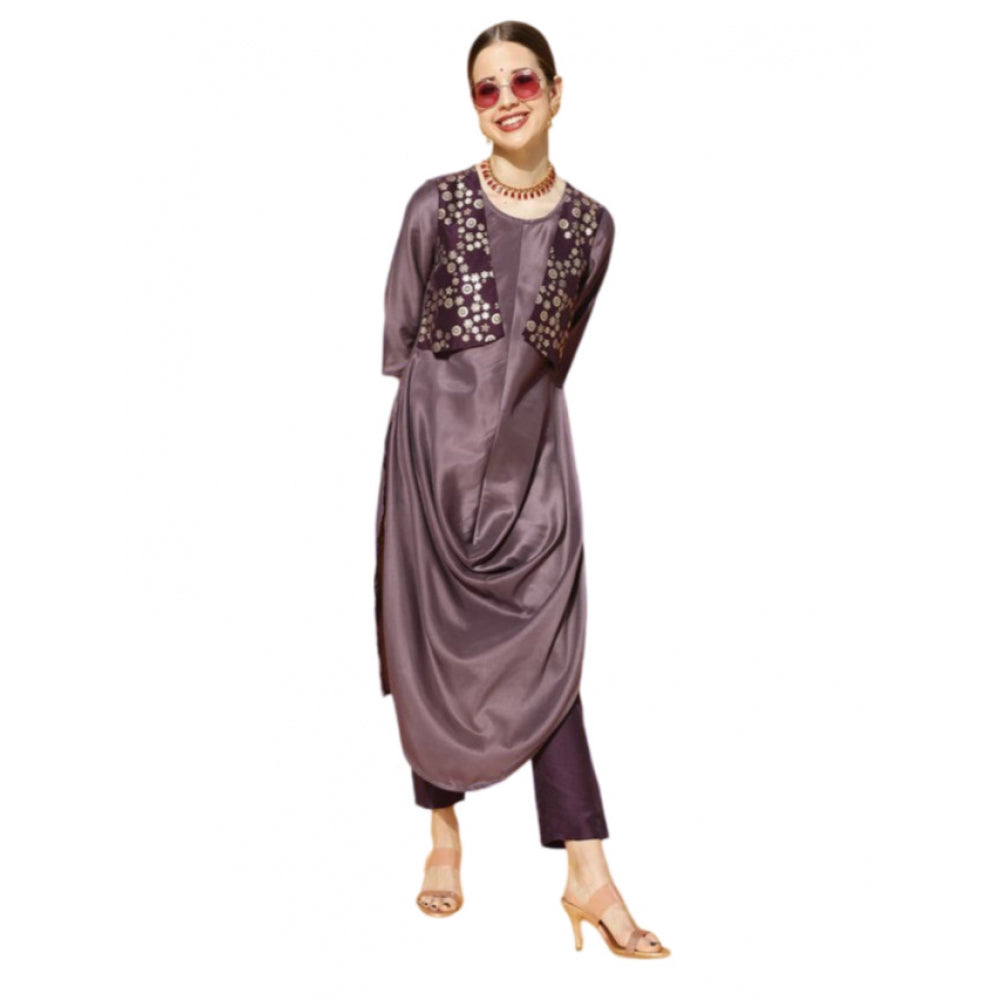 Generic Women's Casual 3-4Th Sleeve Solid Chinon Kurti And Pant Set (Purple) - Noble Nook