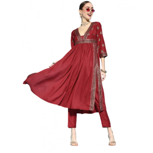 Generic Women's Casual 3-4Th Sleeve Floral Printed Chinon Kurti And Pant Set (Maroon) - Noble Nook