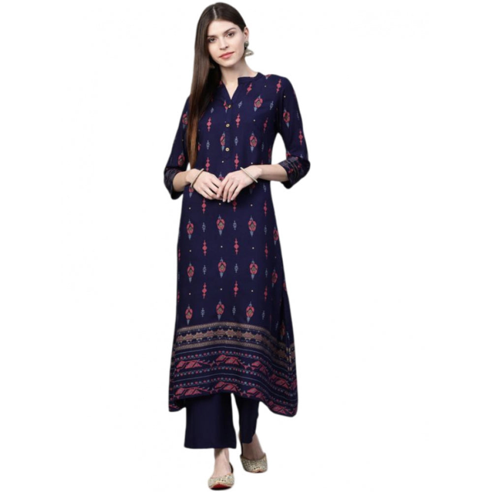 Generic Women's Casual 3-4Th Sleeve Ikkat Rayon Kurti and Palazzo Set (Navy Blue) - Noble Nook