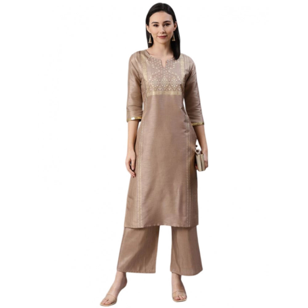 Generic Women's Casual 3-4Th Sleeve Ethnic Motifs Poly Silk Kurti And Palazzo Set (Brown) - Noble Nook