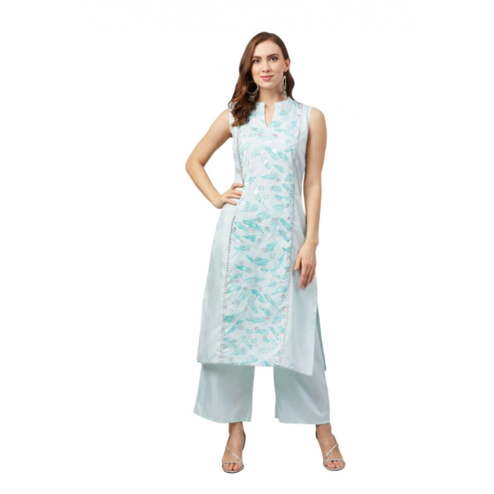 Generic Women's Casual Sleeveless Abstract Poly Silk Kurti And Palazzo Set (Off White) - Noble Nook