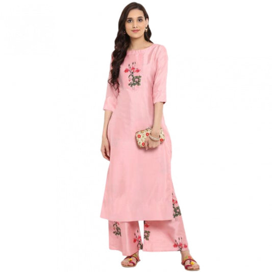 Generic Women's Casual 3-4Th Sleeve Floral Printed Poly Silk Kurti and Palazzo Set (Pink) - Noble Nook