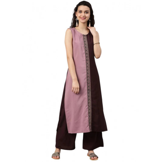 Generic Women's Casual sleeveless Solid Crepe Kurti And Palazzo Set (Brown) - Noble Nook