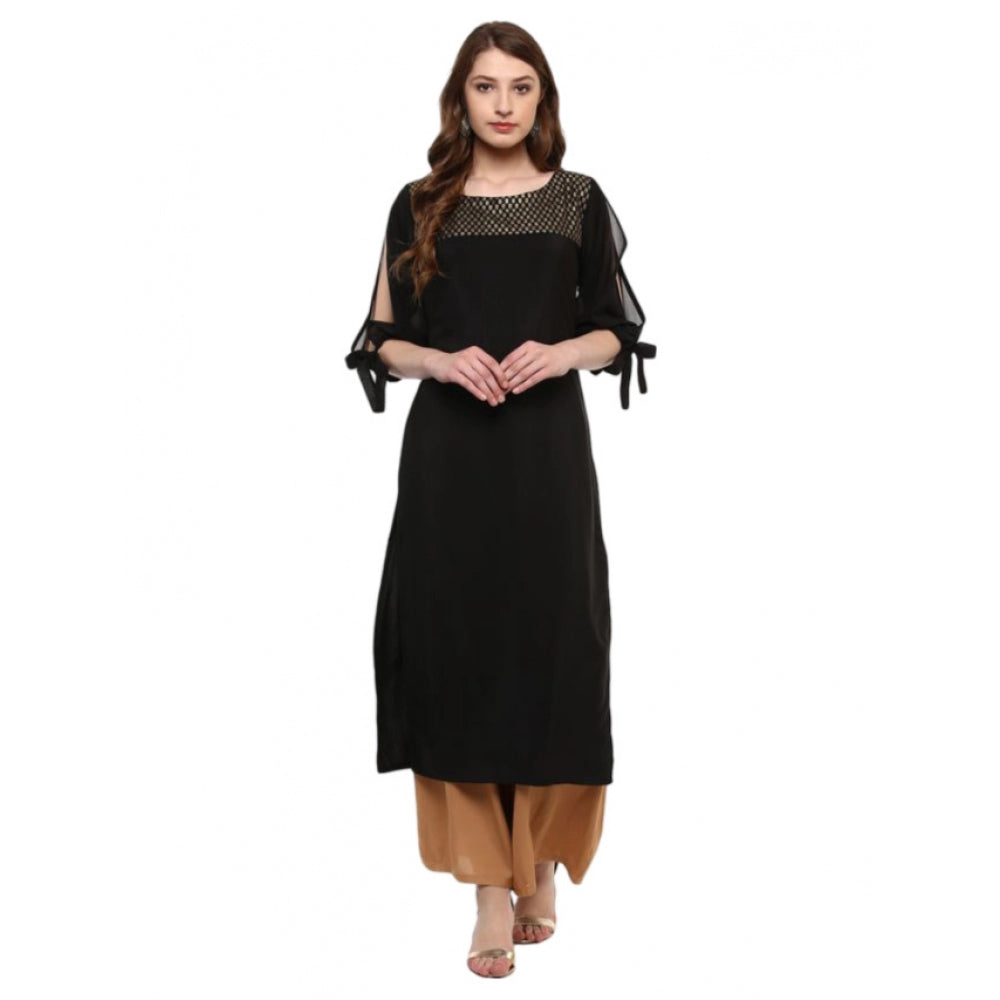 Generic Women's Casual 3-4Th Sleeve Solid Crepe Kurti (Black) - Noble Nook