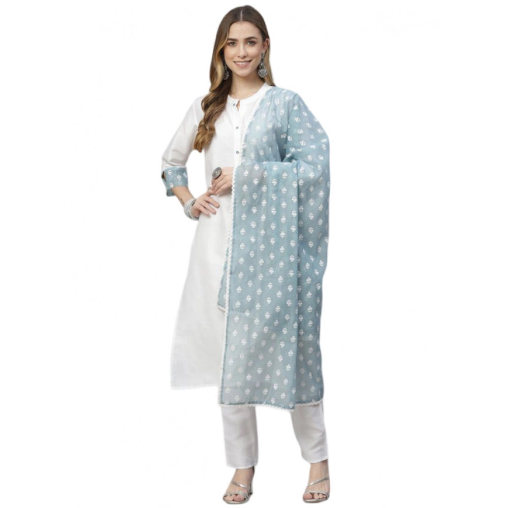 Generic Women's Casual 3-4Th Sleeve Solid Chinon Kurti Pant And Dupatta Set (White) - Noble Nook