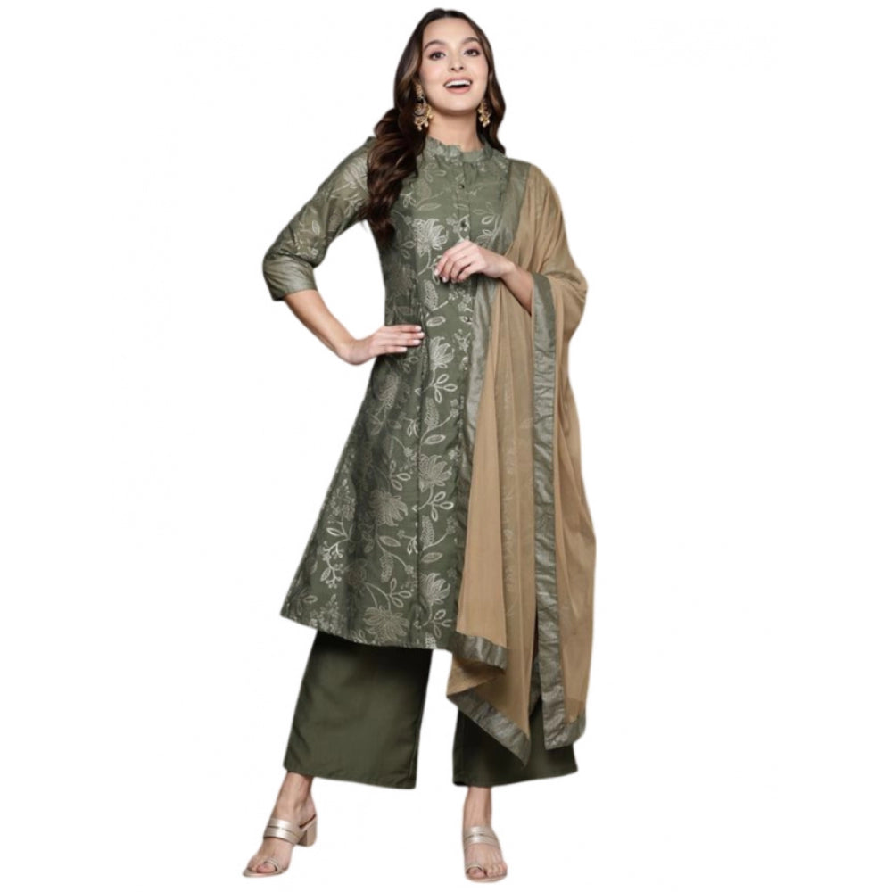 Generic Women's Casual 3-4Th Sleeve Floral Printed Chanderi Cotton Kurti Palazzo And Dupatta Set (Green) - Noble Nook