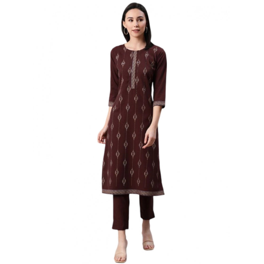 Generic Women's Casual 3-4Th Sleeve Ethnic Motifs Rayon Kurti And Pant Set (Brown) - Noble Nook