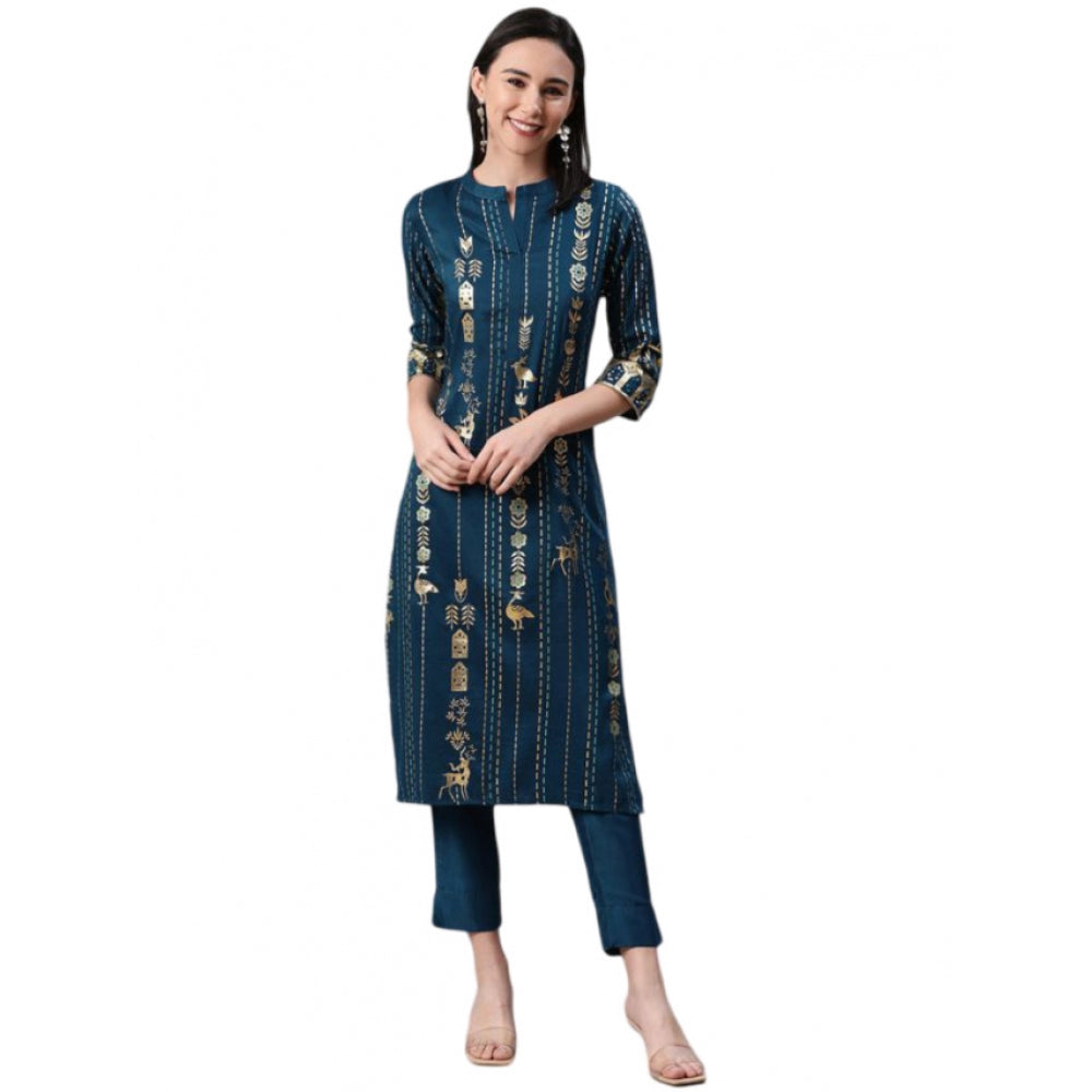 Generic Women's Casual 3-4Th Sleeve Floral Printed Rayon Kurti And Pant Set (Teal) - Noble Nook