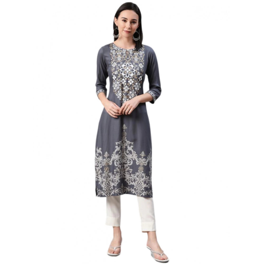 Generic Women's Casual 3-4Th Sleeve Floral Printed Rayon Kurti And Pant Set (Grey) - Noble Nook