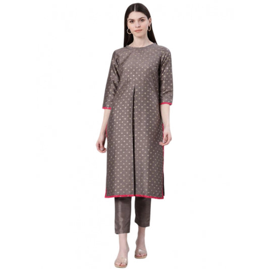 Generic Women's Casual 3-4Th Sleeve Ethnic Motifs Poly Silk Kurti And Pant Set (Grey) - Noble Nook