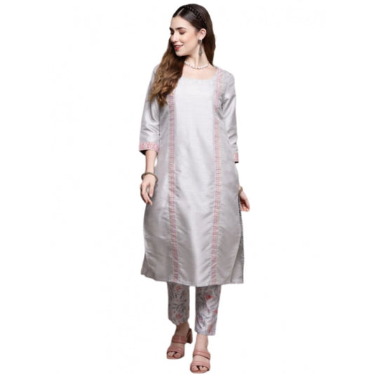 Generic Women's Casual 3-4Th Sleeve Geometric Poly Silk Kurti and Pant Set (Light Grey) - Noble Nook