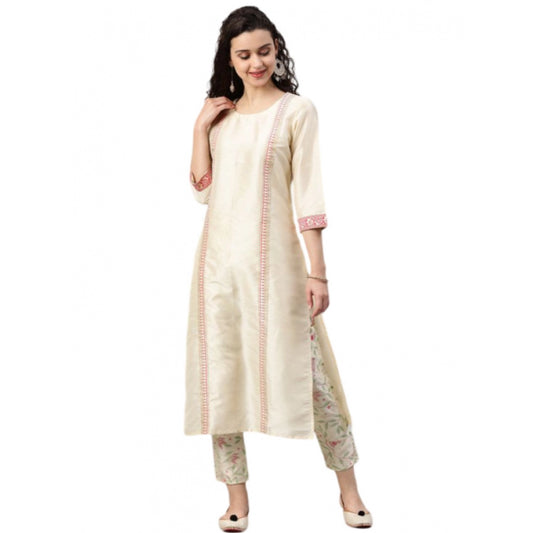 Generic Women's Casual 3-4Th Sleeve Geometric Poly Silk Kurti and Pant Set (Cream) - Noble Nook