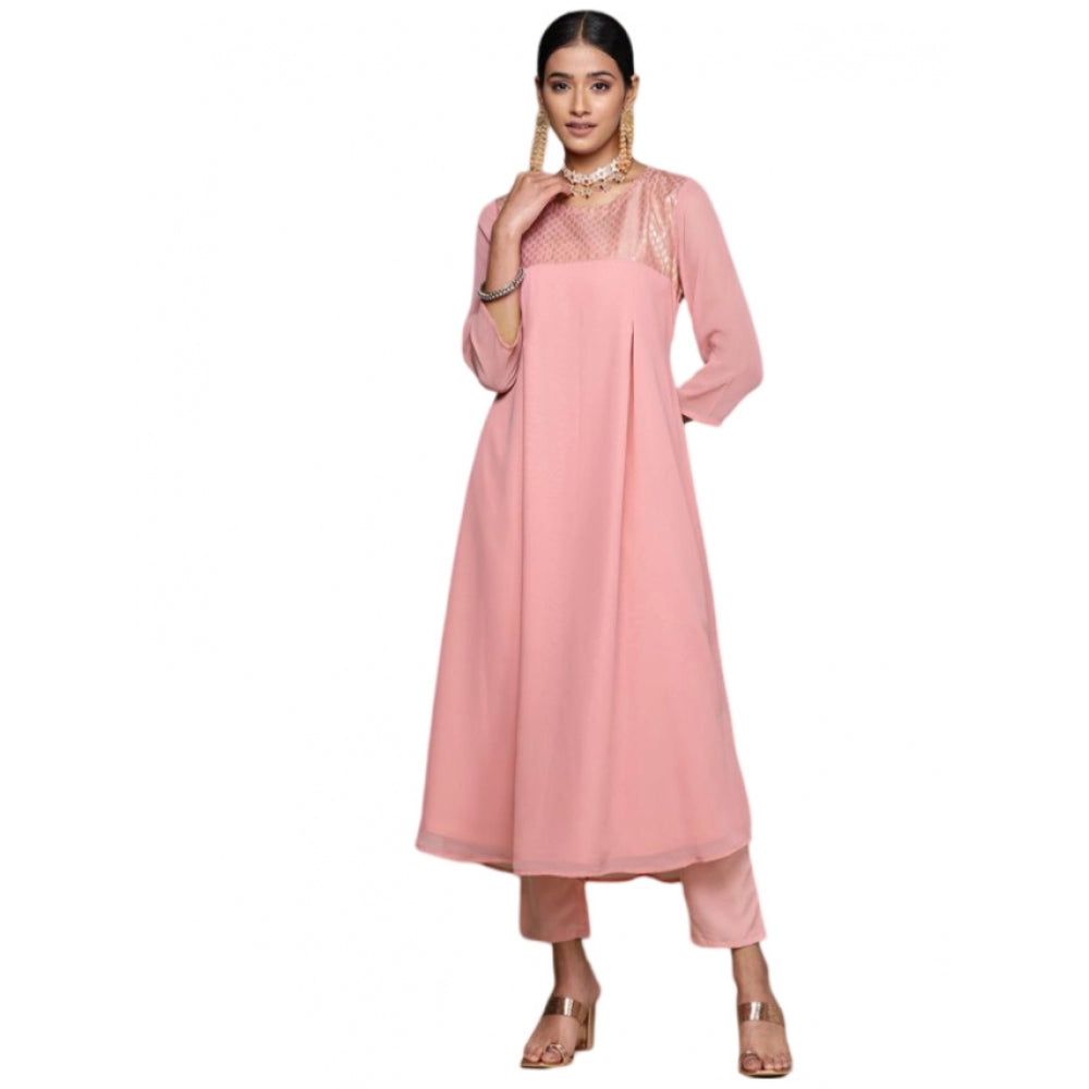 Generic Women's Casual 3-4Th Sleeve Geometric Georgette &amp; Crepe Kurti and Pant Set (Pink) - Noble Nook