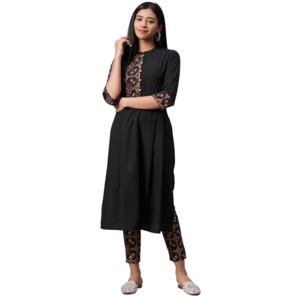 Generic Women's Casual 3-4Th Sleeve Geometric Crepe Kurti And Pant Set (Black) - Noble Nook