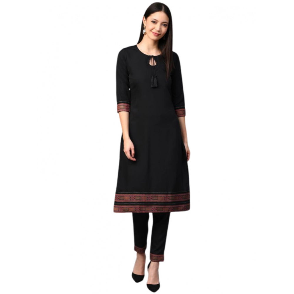 Generic Women's Casual 3-4Th Sleeve Solid Crepe Kurti and Pant Set (Black) - Noble Nook