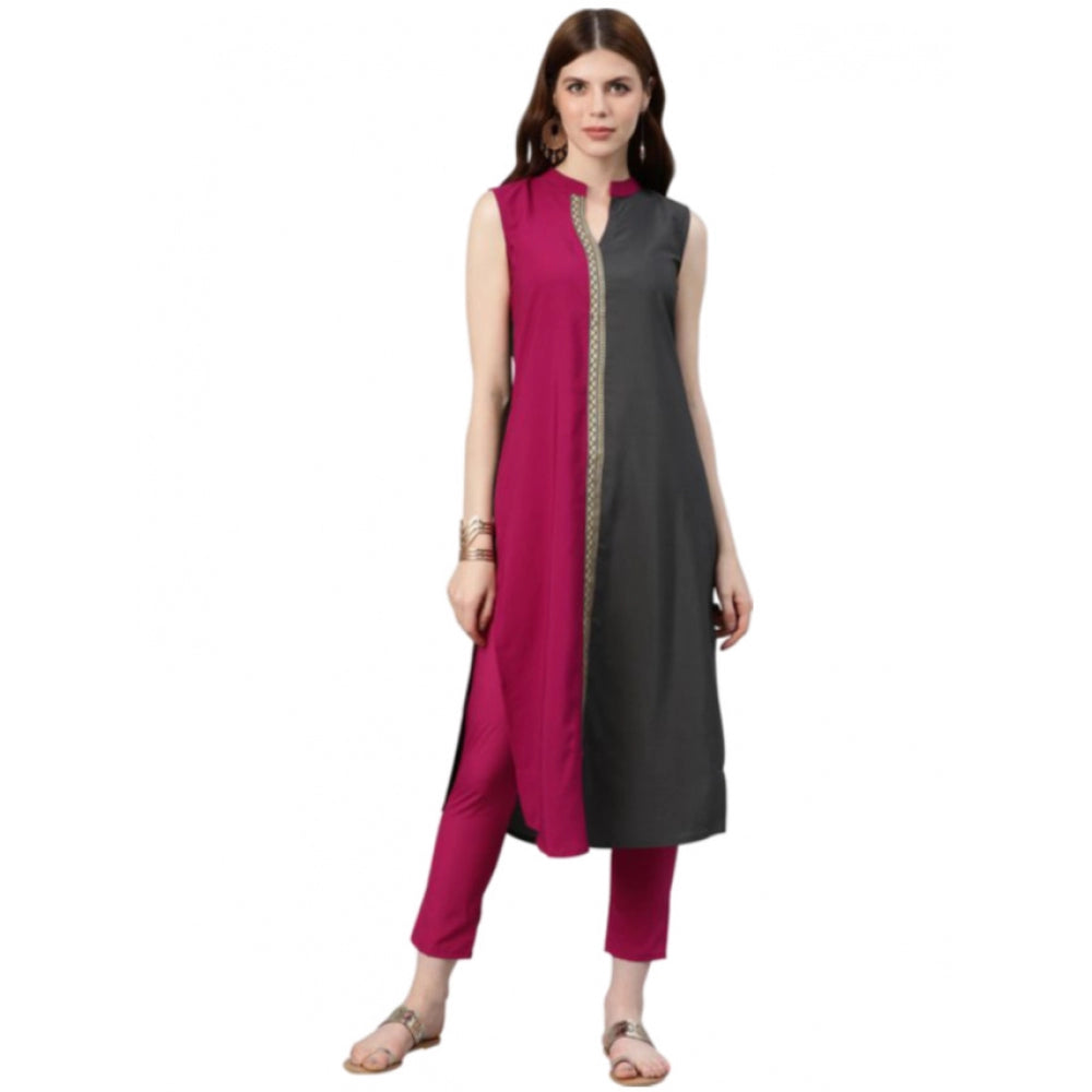 Generic Women's Casual sleeveless Solid Crepe Kurti And Pant Set (Pink) - Noble Nook