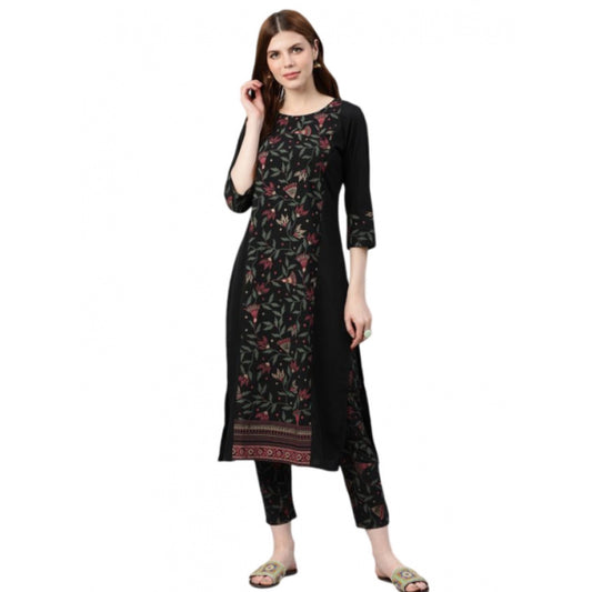 Generic Women's Casual 3-4Th Sleeve Floral Printed Crepe Kurti and Pant Set (Black) - Noble Nook