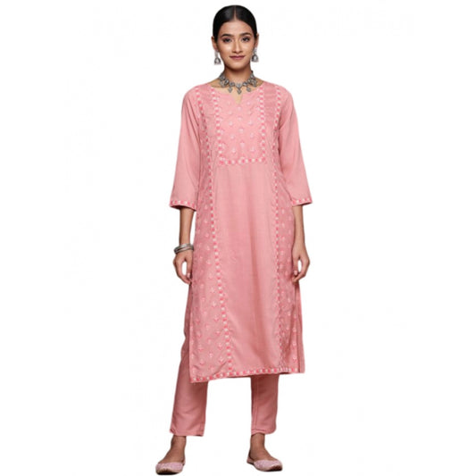 Generic Women's Casual 3-4Th Sleeve Floral Printed Chinon Kurti and Pant Set (Peach) - Noble Nook