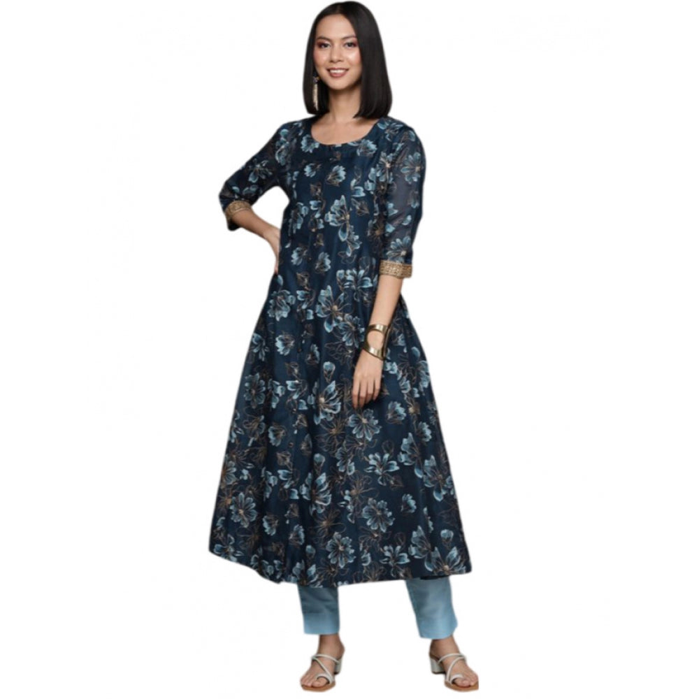 Generic Women's Casual 3-4Th Sleeve Floral Printed Chanderi Cotton Kurti And Pant Set (Navy Blue) - Noble Nook