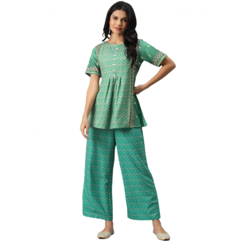 Generic Women's Casual Half Sleeve Geometric Rayon Kurti And Palazzo Set (Green) - Noble Nook