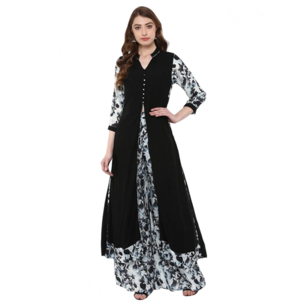 Generic Women's Casual 3-4Th Sleeve Floral Printed Rayon Kurti and Palazzo Set (Black) - Noble Nook