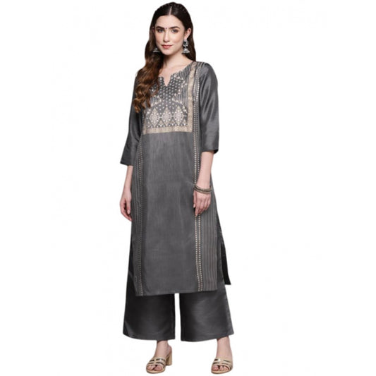 Generic Women's Casual 3-4Th Sleeve Ethnic Motifs Poly Silk Kurti And Palazzo Set (Dark Grey) - Noble Nook