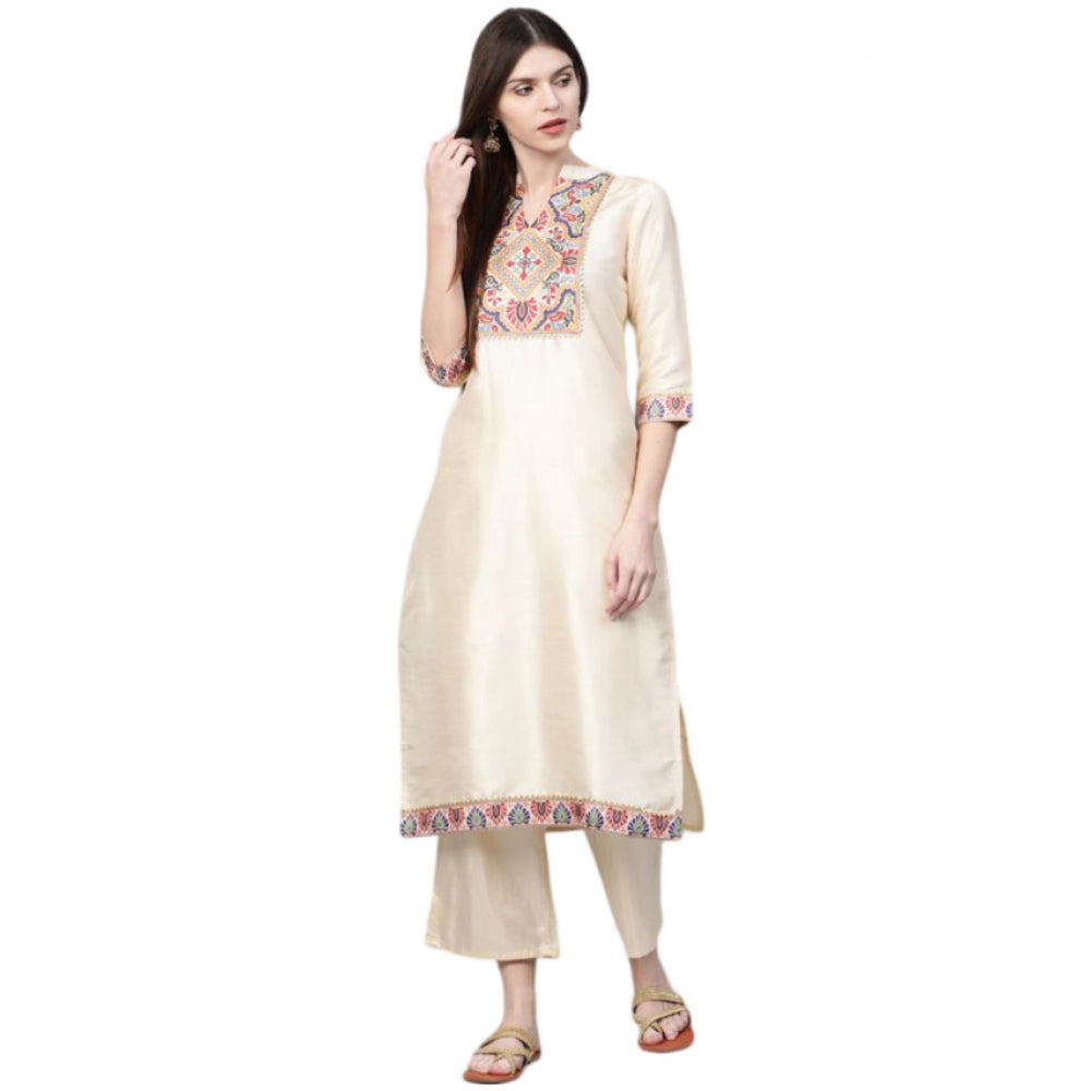 Generic Women's Casual 3-4Th Sleeve Ethnic Motifs Poly Silk Kurti and Palazzo Set (Cream) - Noble Nook