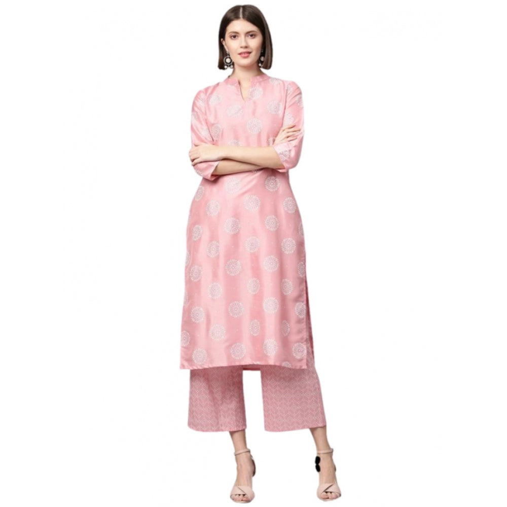 Generic Women's Casual 3-4Th Sleeve Floral Printed Poly Silk Kurti And Palazzo Set (Pink) - Noble Nook