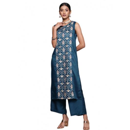 Generic Women's Casual Sleeveless Floral Printed Chinon Kurti and Palazzo Set (Teal Blue) - Noble Nook