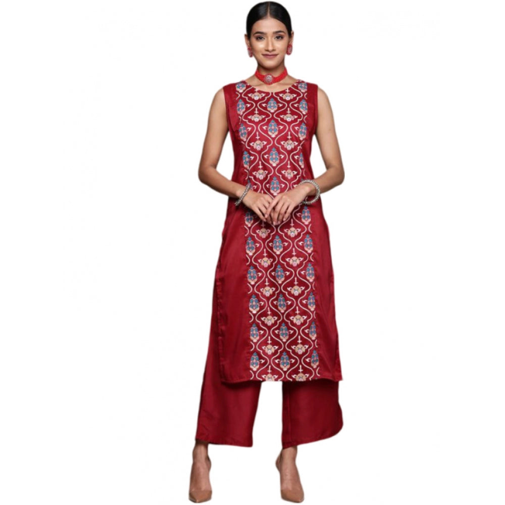 Generic Women's Casual Sleeveless Floral Printed Chinon Kurti and Palazzo Set (Maroon) - Noble Nook