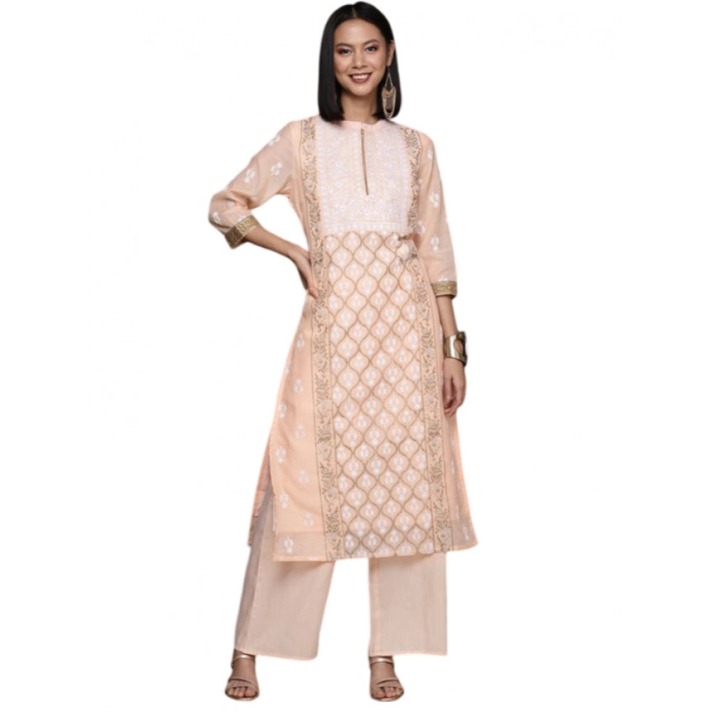 Generic Women's Casual 3-4Th Sleeve Floral Printed Chanderi Cotton Kurti And Palazzo Set (Peach) - Noble Nook