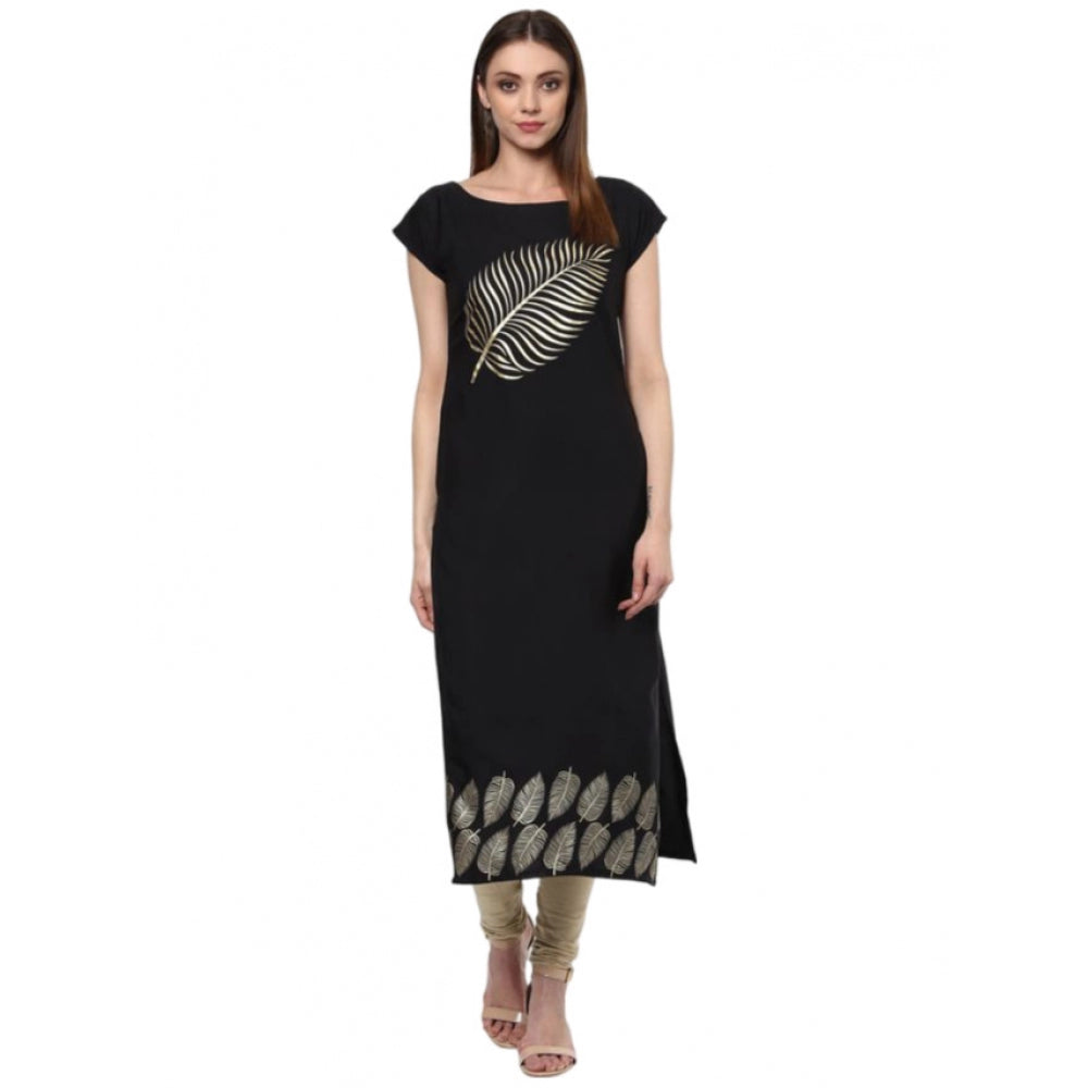 Generic Women's Casual Short Sleeves Ethnic Motifs Crepe Kurti (Black) - Noble Nook