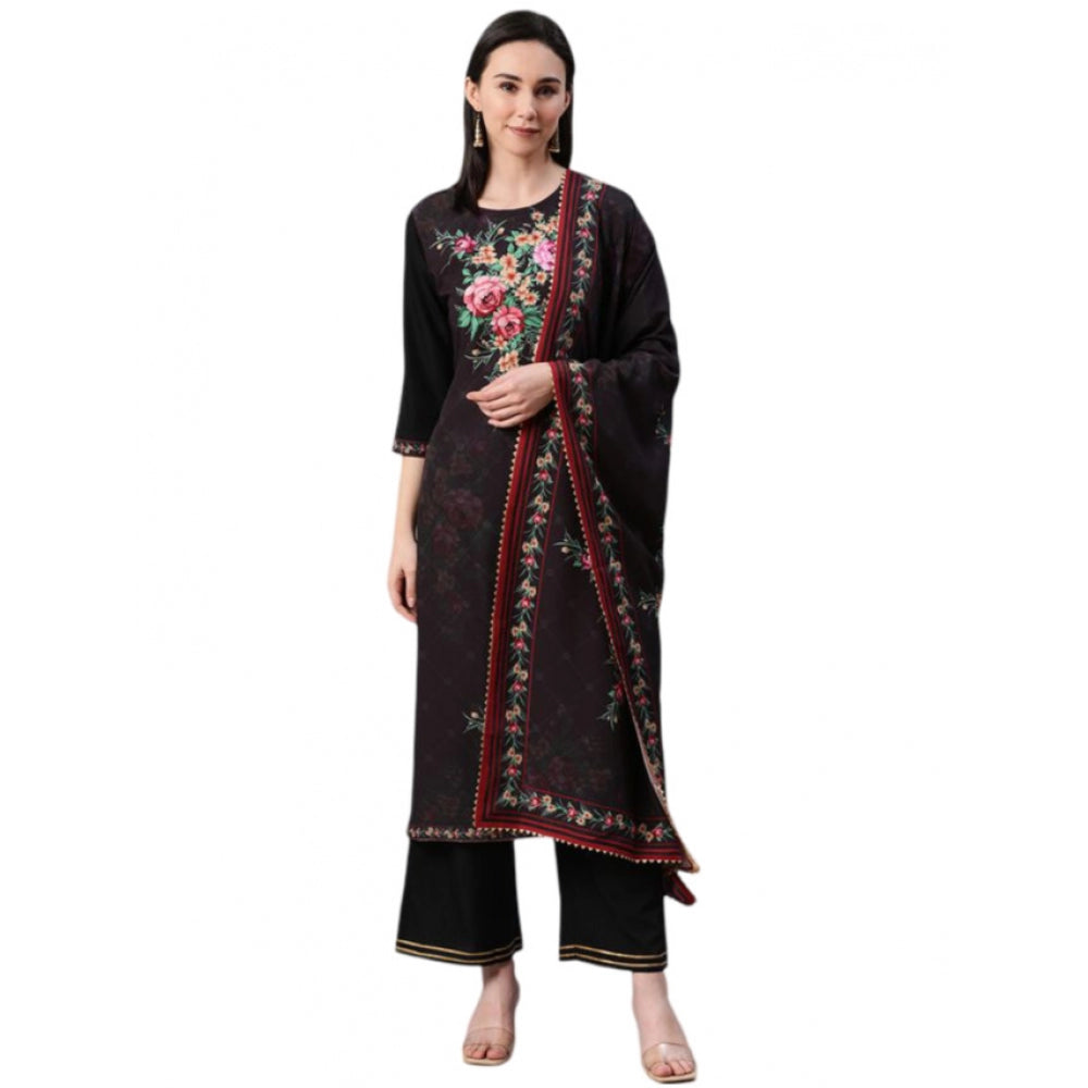 Generic Women's Casual 3-4Th Sleeve Floral Printed Crepe KurtiPalazzo And Dupatta Set (Black) - Noble Nook