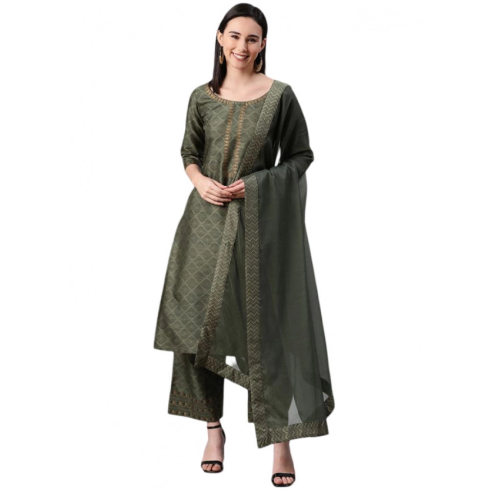 Generic Women's Casual 3-4Th Sleeve Ethnic Motifs Poly Silk KurtiPalazzo And Dupatta Set (Green) - Noble Nook