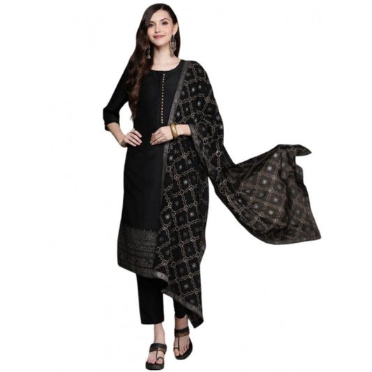 Generic Women's Casual 3-4Th Sleeve Border Crepe Kurti Pant And Dupatta Set (Black) - Noble Nook