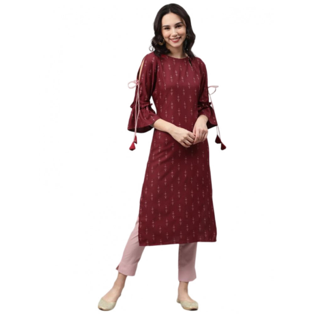 Generic Women's Casual 3-4Th Sleeve Ethnic Motifs Rayon Kurti And Pant Set (Maroon) - Noble Nook