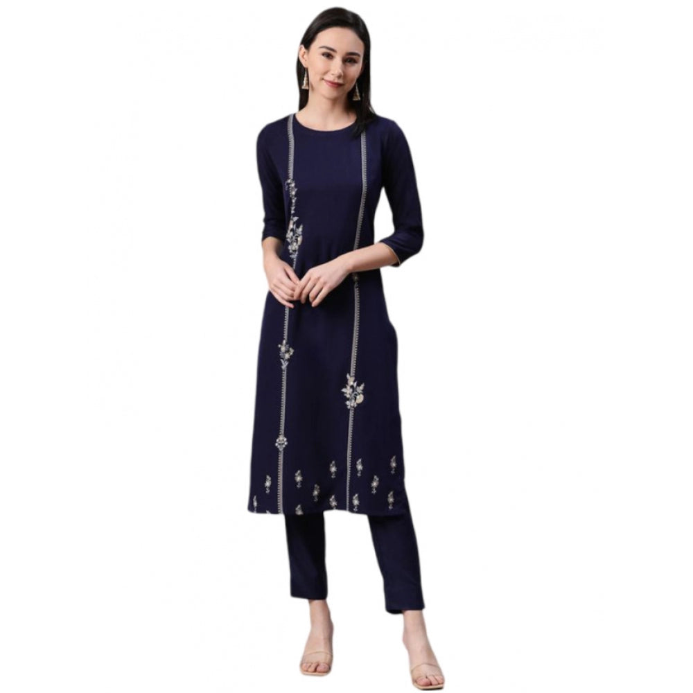 Generic Women's Casual 3-4Th Sleeve Floral Printed Rayon Kurti And Pant Set (Blue) - Noble Nook