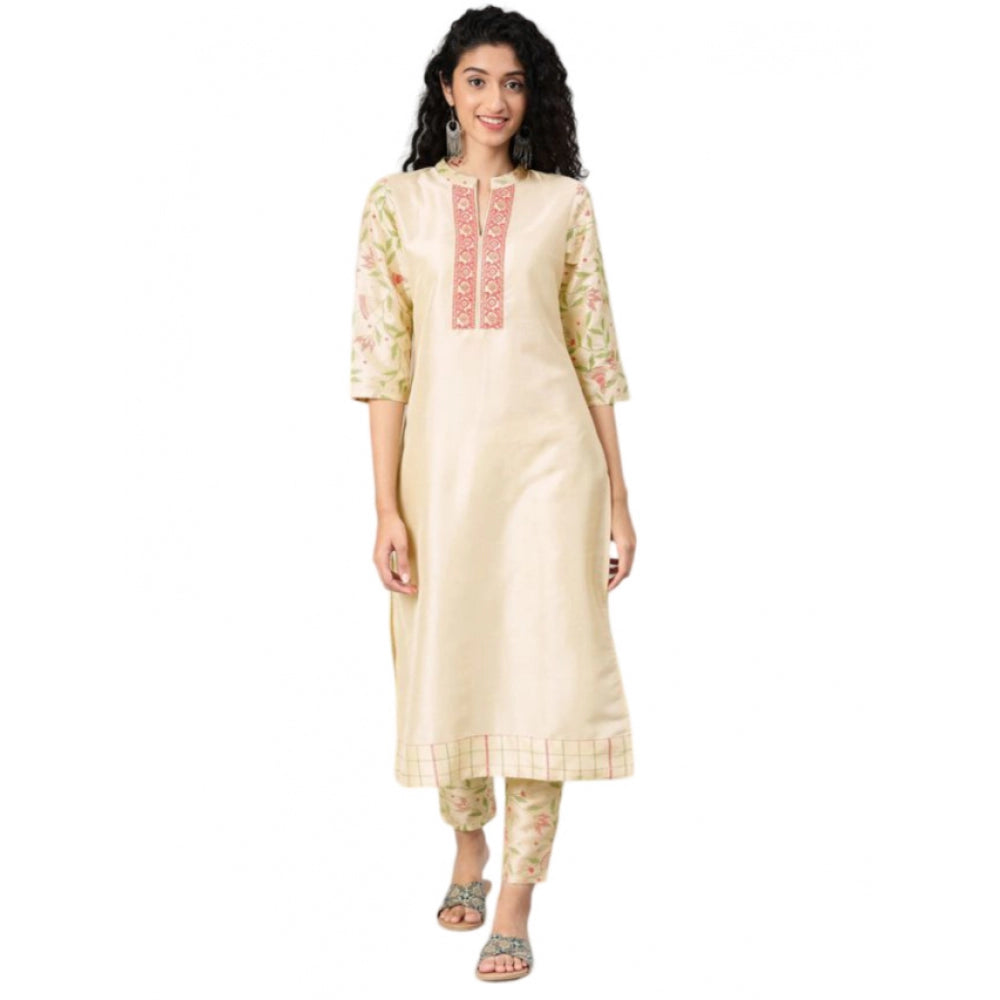 Generic Women's Casual 3-4Th Sleeve Solid Poly Silk Kurti and Pant Set (Cream) - Noble Nook