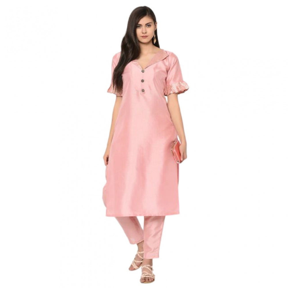 Generic Women's Casual Half Sleeve Solid Poly Silk Kurti and Pant Set (Pink) - Noble Nook