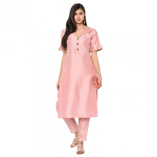 Generic Women's Casual Half Sleeve Solid Poly Silk Kurti and Pant Set (Pink) - Noble Nook