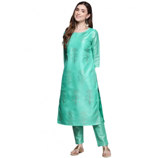 Generic Women's Casual 3-4Th Sleeve Floral Printed Poly Silk Kurti and Pant Set (Sea Green) - Noble Nook