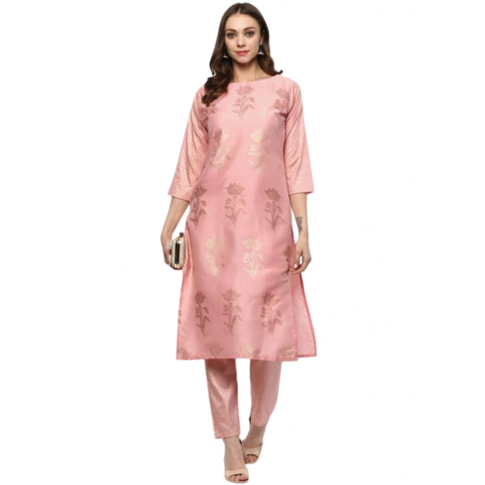 Generic Women's Casual 3-4Th Sleeve Floral Printed Poly Silk Kurti and Pant Set (Pink) - Noble Nook