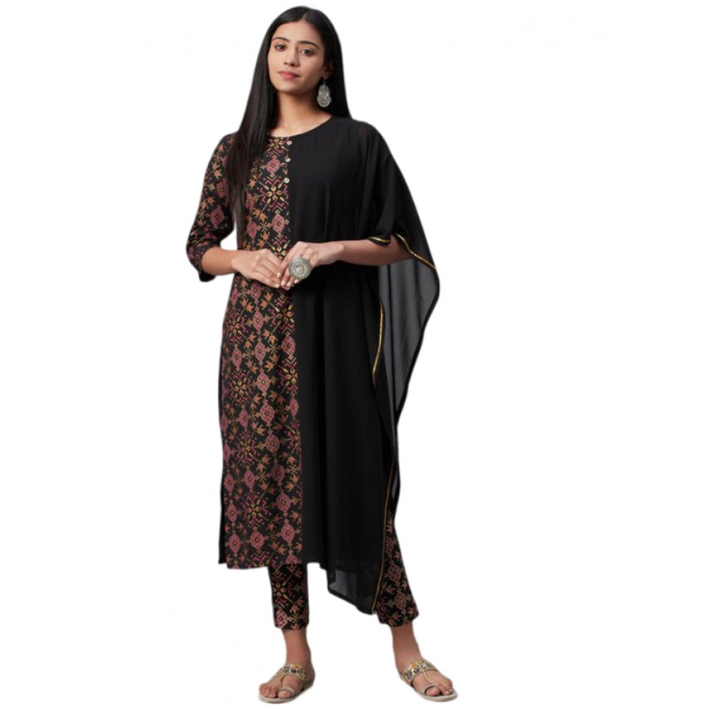 Generic Women's Casual Half Sleeve Ethnic Motifs Georgette &amp; Crepe Kurti and Pant Set (Black) - Noble Nook