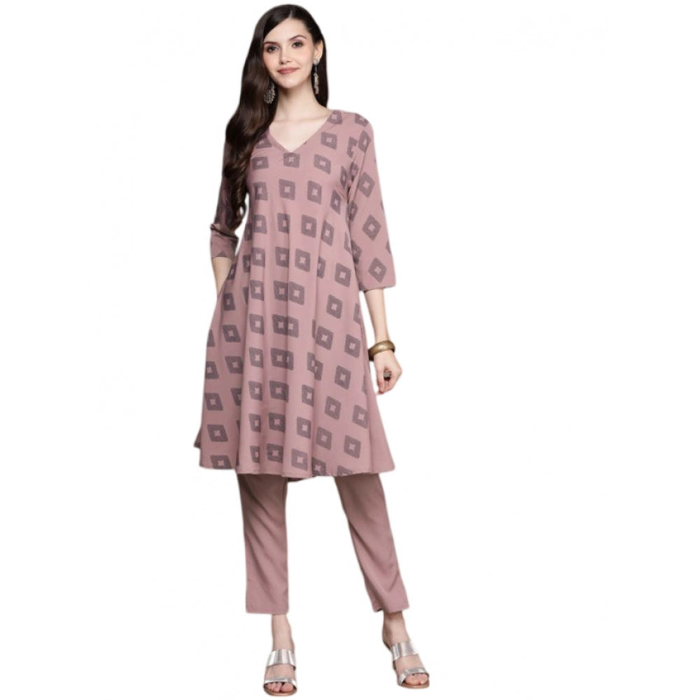 Generic Women's Casual 3-4Th Sleeve Ikkat Crepe Kurti And Pant Set (Brown) - Noble Nook