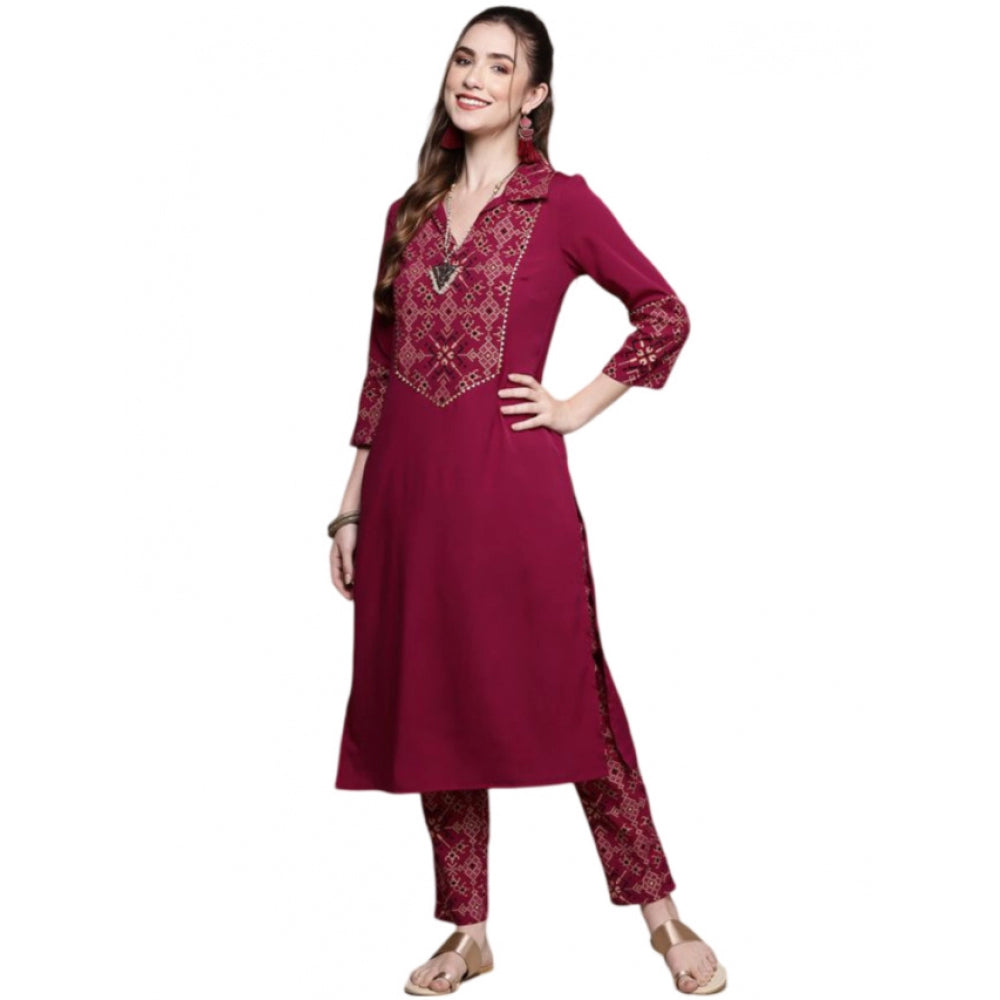 Generic Women's Casual 3-4Th Sleeve Geometric Crepe Kurti and Pant Set (Maroon) - Noble Nook