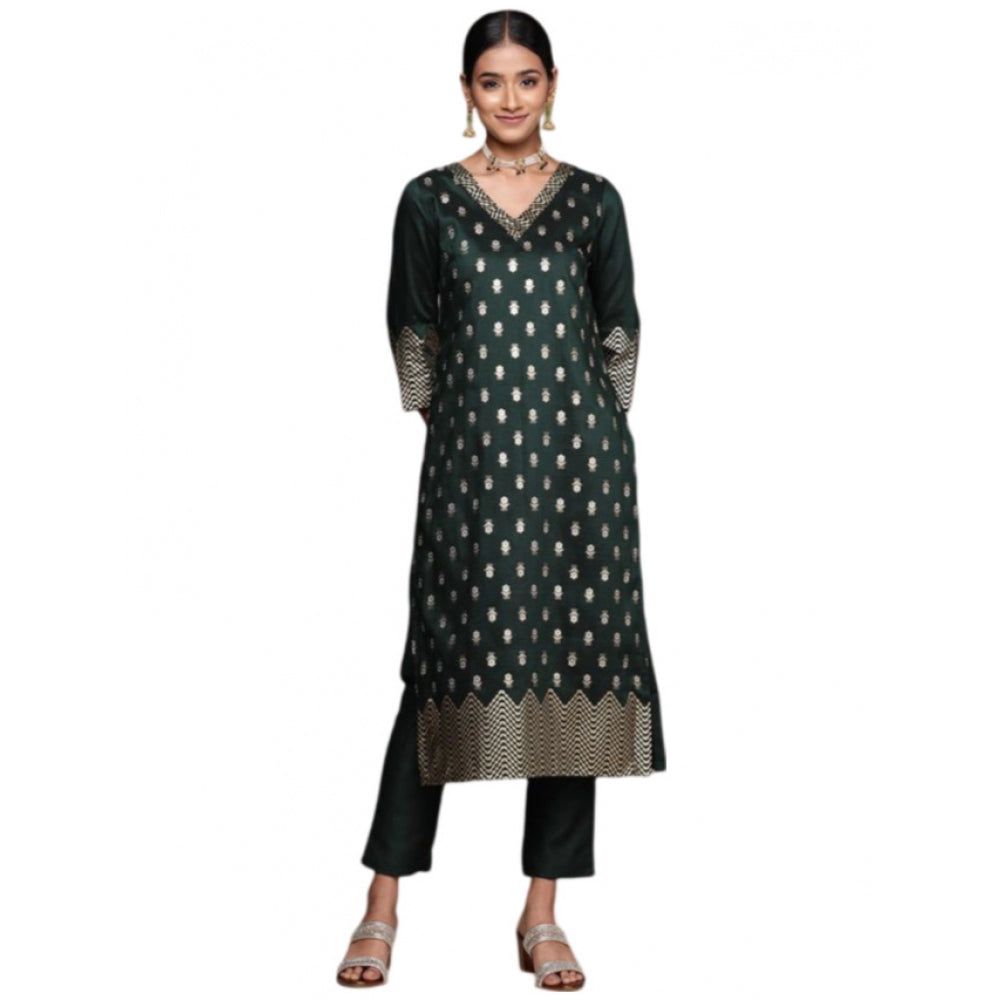 Generic Women's Casual 3-4Th Sleeve Floral Printed Chinon Kurti And Pant Set (Bottle Green) - Noble Nook